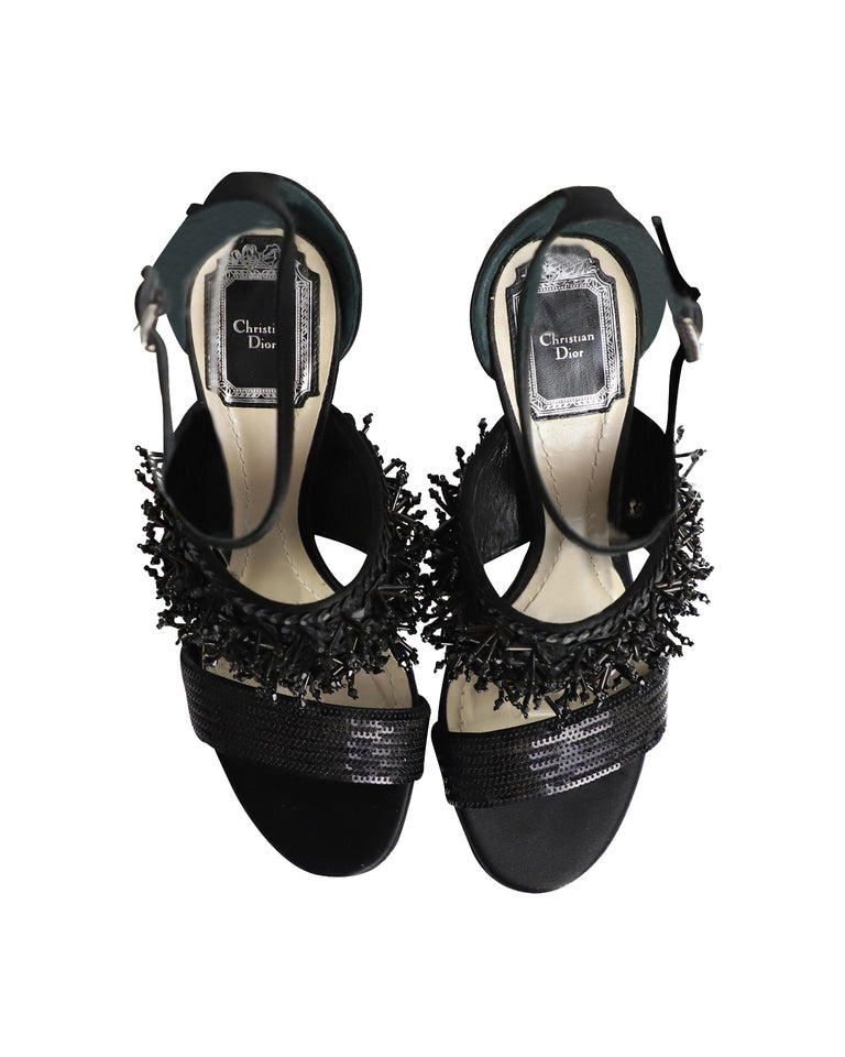 Christian Dior Diva Sequin Embellished Open Toe Sandals in Black Satin