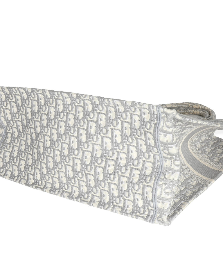 Christian Dior Ecru Gray Dior Oblique Embroidery Large Dior Book Tote