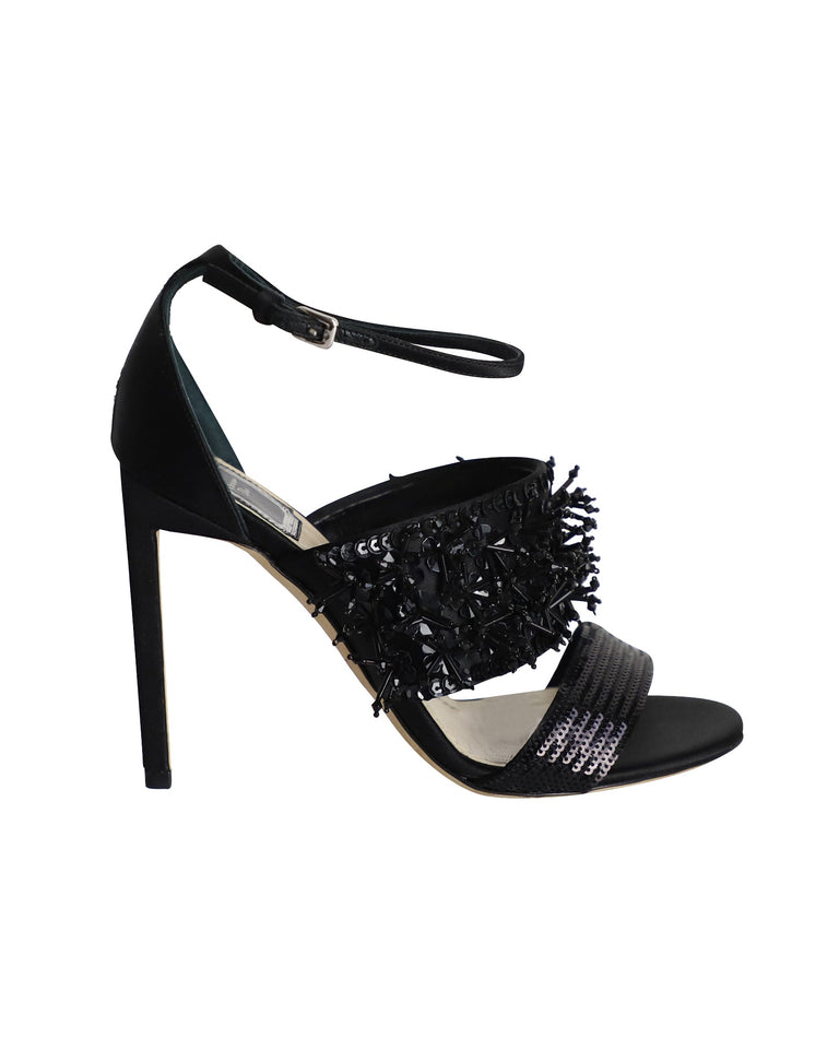 Christian Dior Diva Sequin Embellished Open Toe Sandals in Black Satin