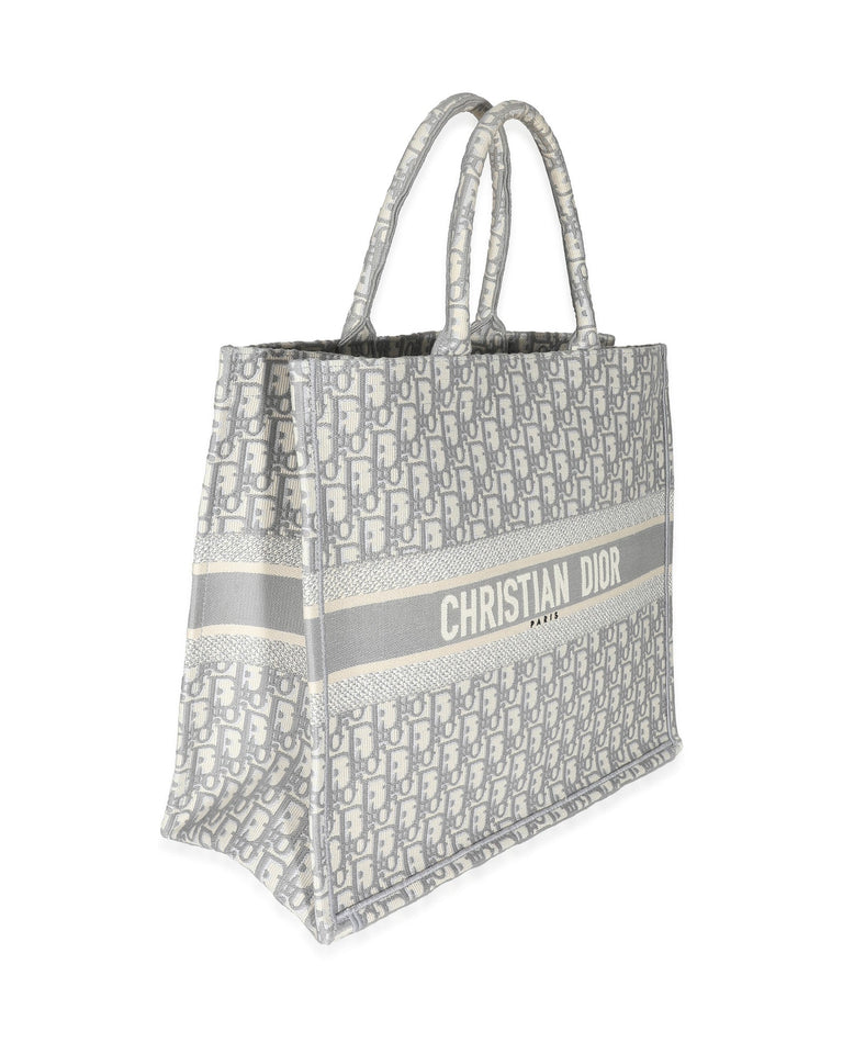 Christian Dior Ecru Gray Dior Oblique Embroidery Large Dior Book Tote