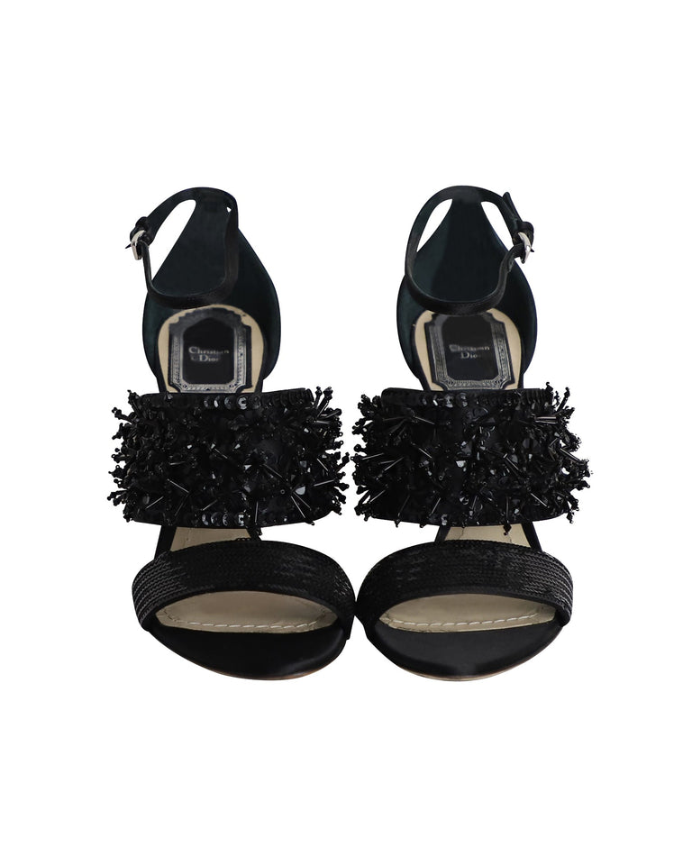 Christian Dior Diva Sequin Embellished Open Toe Sandals in Black Satin