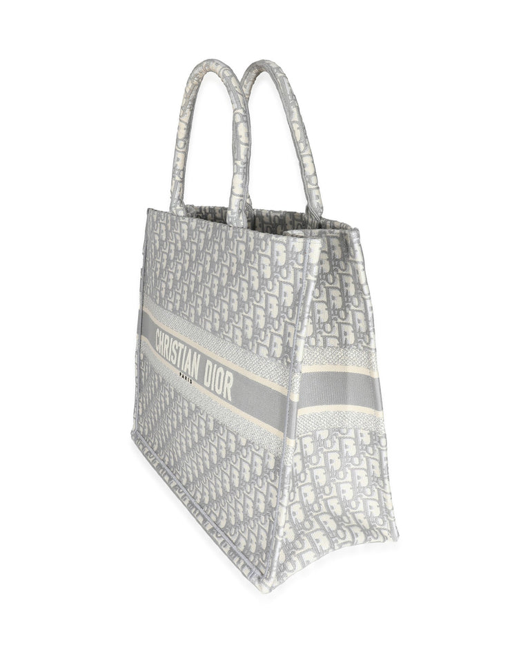 Christian Dior Ecru Gray Dior Oblique Embroidery Large Dior Book Tote