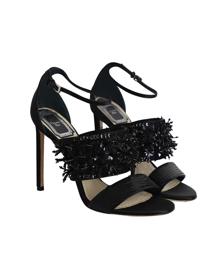 Christian Dior Diva Sequin Embellished Open Toe Sandals in Black Satin
