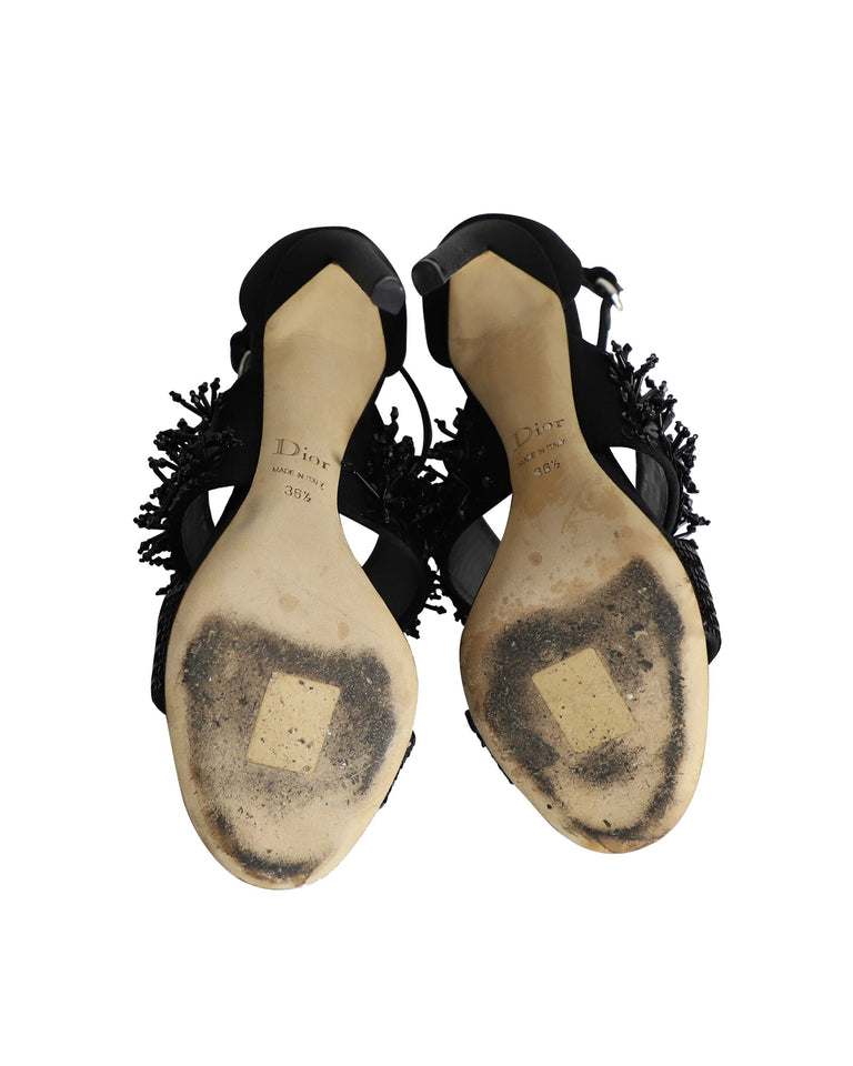 Christian Dior Diva Sequin Embellished Open Toe Sandals in Black Satin