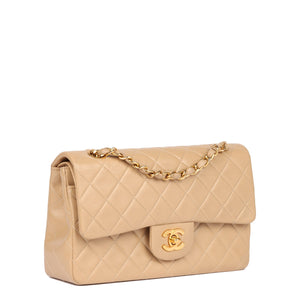 Chanel Beige Quilted Lambskin Vintage Small Classic Double Flap Bag