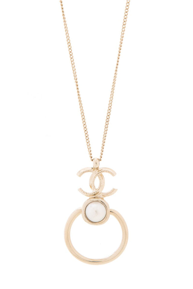 Chanel 2022 Cruise Metal Pearl CC Hoop Drop Pendant Silver Necklace