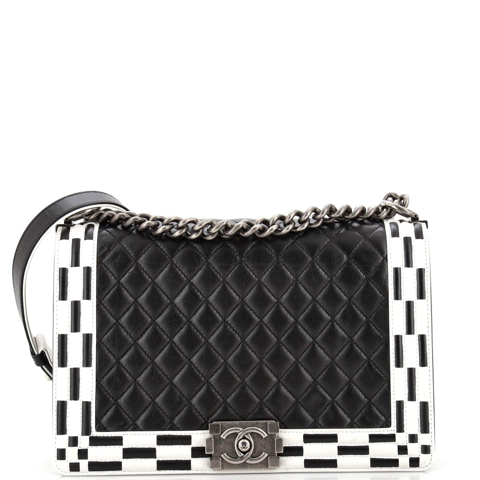 CHANEL Checkerboard Trim Boy Flap Bag Quilted Calfskin New Medium