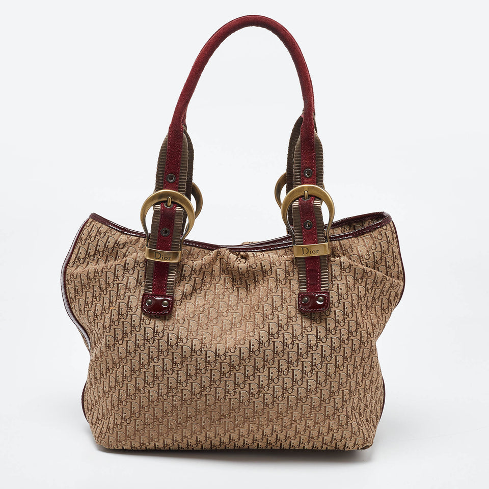 Dior Beige/maroon Oblique Canvas Suede And Patent Leather Tote