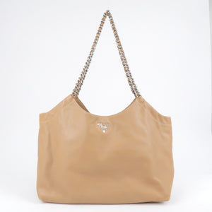 Prada Logo Leather Chain Tote Bag Beige
