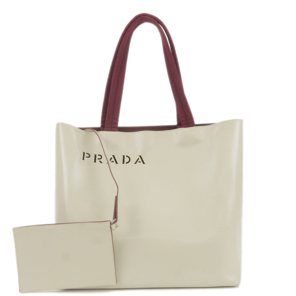 Prada Leather Canvas Tote Bag Hand Bag Greige Red Wine B10189