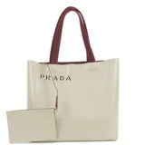 Prada Leather Canvas Tote Bag Hand Bag Greige Red Wine B10189