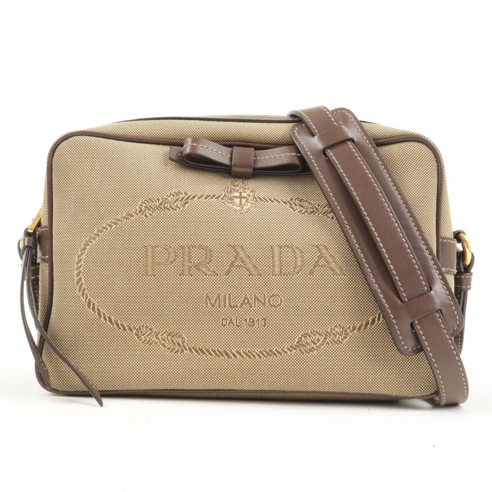 Prada Logo Jacquard Leather Shoulder Bag Beige Brown 1BH089