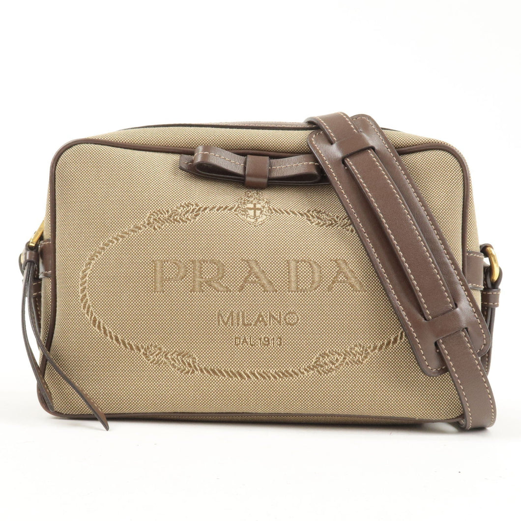 Prada Logo Jacquard Leather Shoulder Bag Beige Brown 1BH089