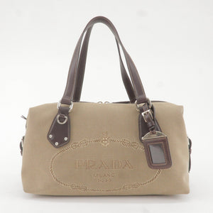 Prada Logo Jacquard Leather Boston Bag Beige Brown BR3461