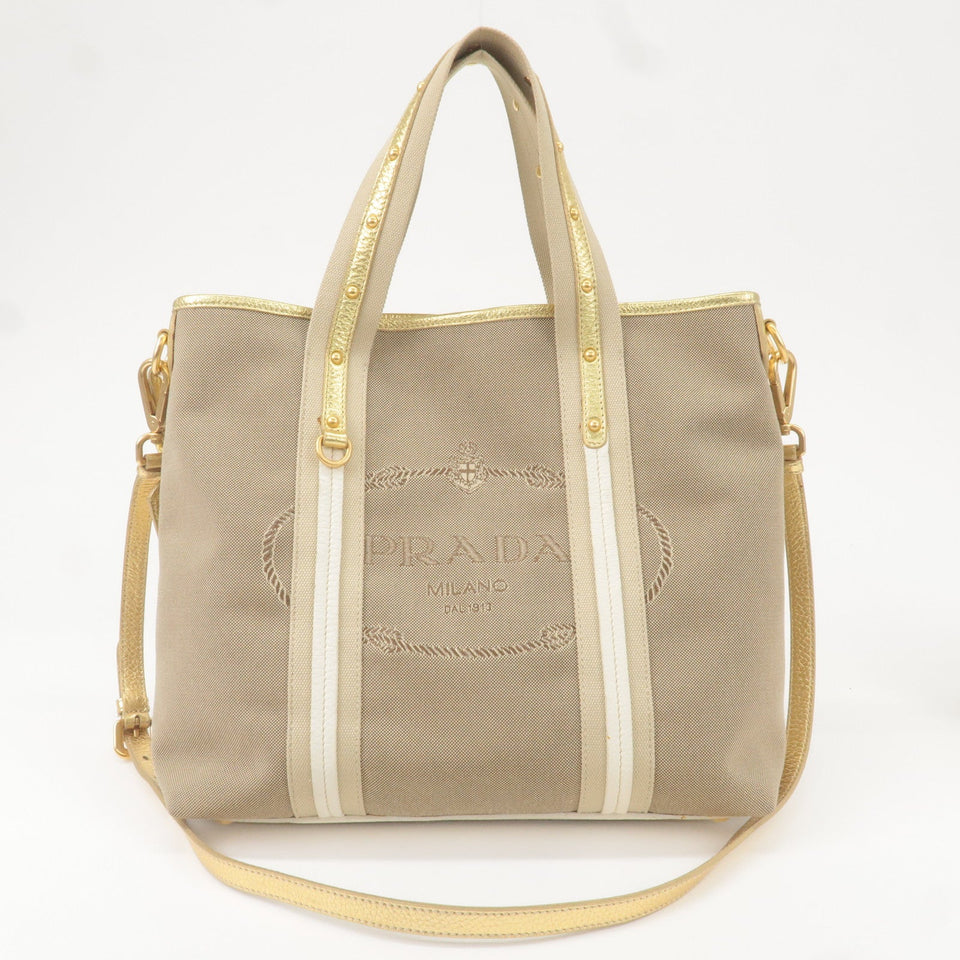 Prada Logo Jacquard Leather 2Way Hand Bag Beige Gold BN1453