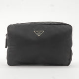 Prada Logo Nylon Leather Pouch Cosmetic Bag NERO Black MV348