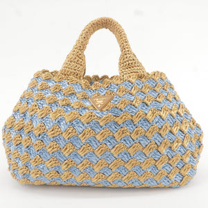 Prada Raffia Crochet Canapa Tote Bag Blue Beige BN2303