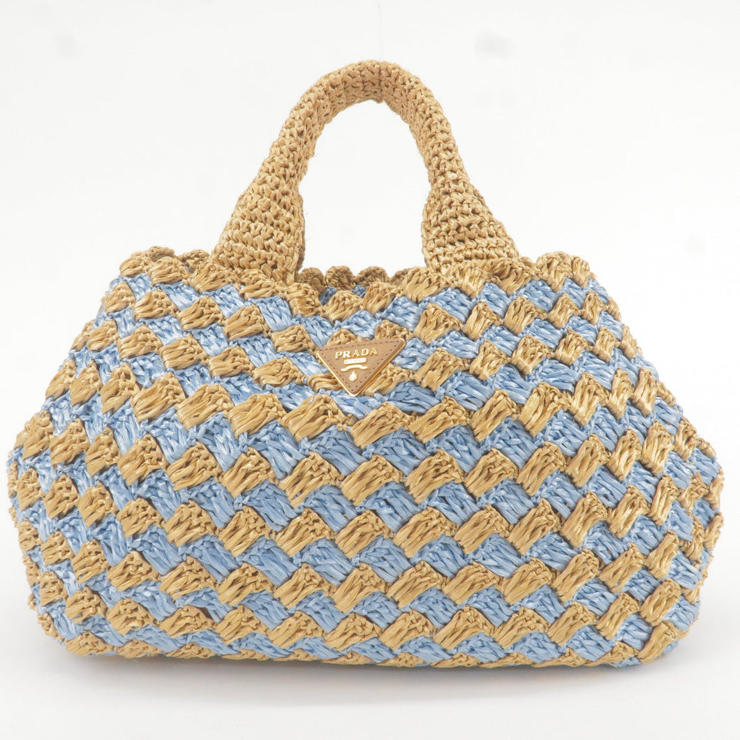 Prada Raffia Crochet Canapa Tote Bag Blue Beige BN2303