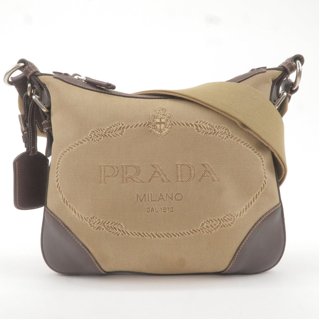 Prada Logo Jacquard Leather Shoulder Bag Beige Brown BT0534