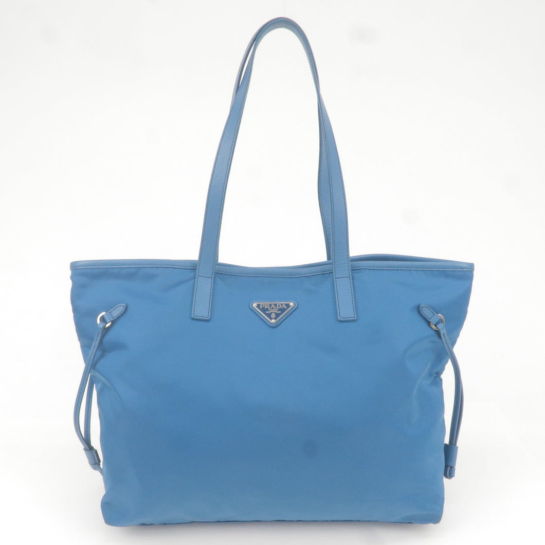 Prada Logo Nylon Leather Tote Bag Hand Bag Blue