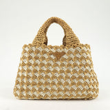 Prada Logo Raffia Crochet Tote Bag Hand Bag Beige Ivory BN2303