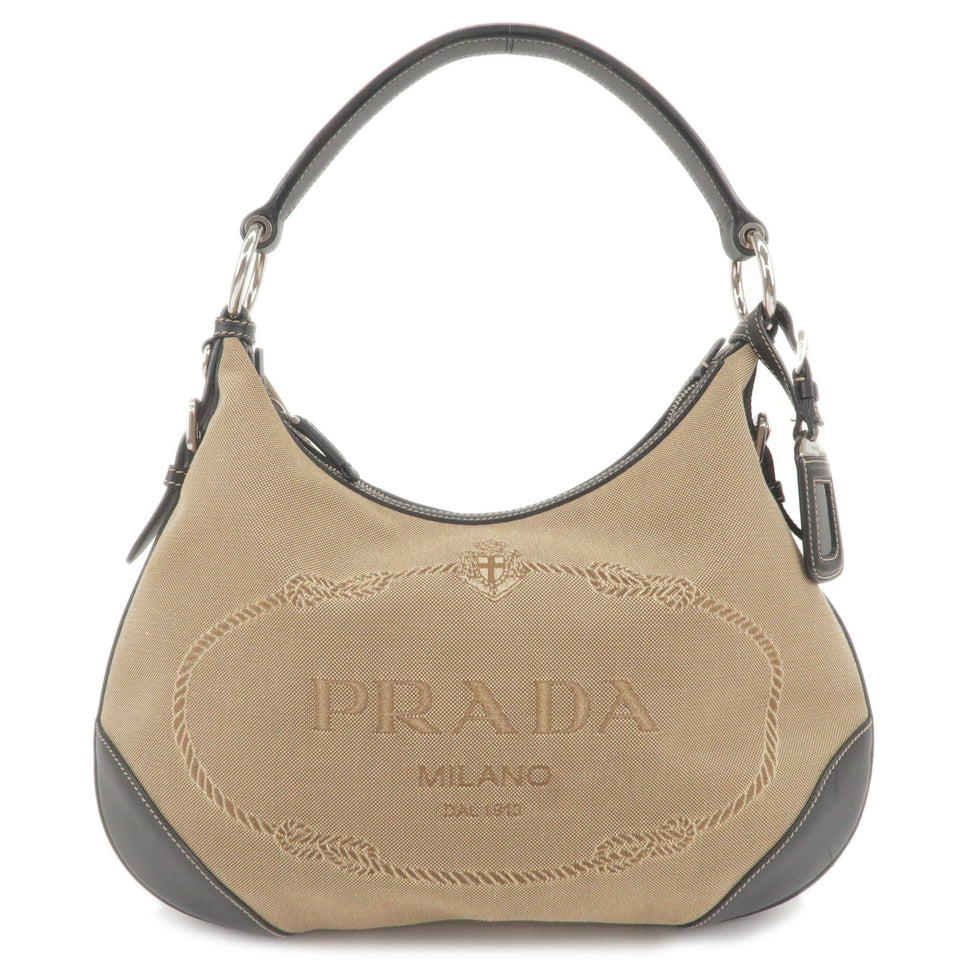 Prada Logo Jacquard Leather Shoulder Bag Beige Black BR3430