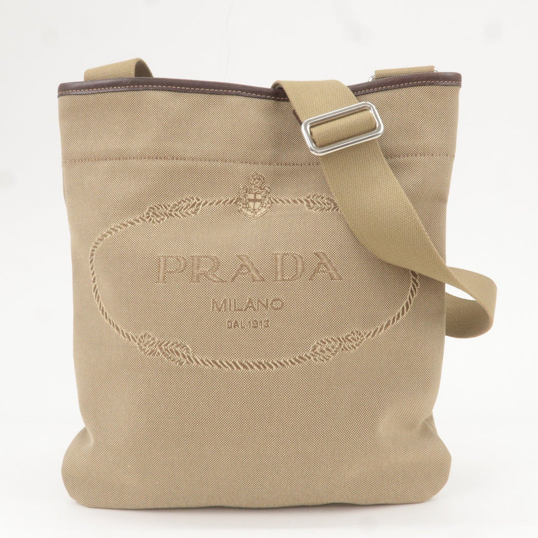 Prada Logo Jacquard Leather Shoulder Bag Beige Brown VA0655