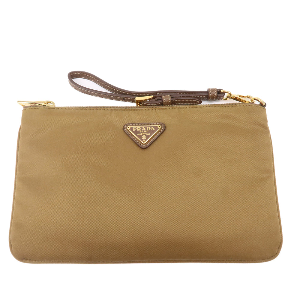 Prada Logo Nylon Leather Clutch Bag Pouch Brown