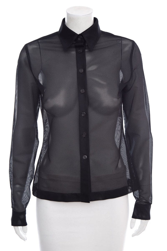 Chanel Black Button Up Net/Mesh Long Sleeve Blouse SZ 36