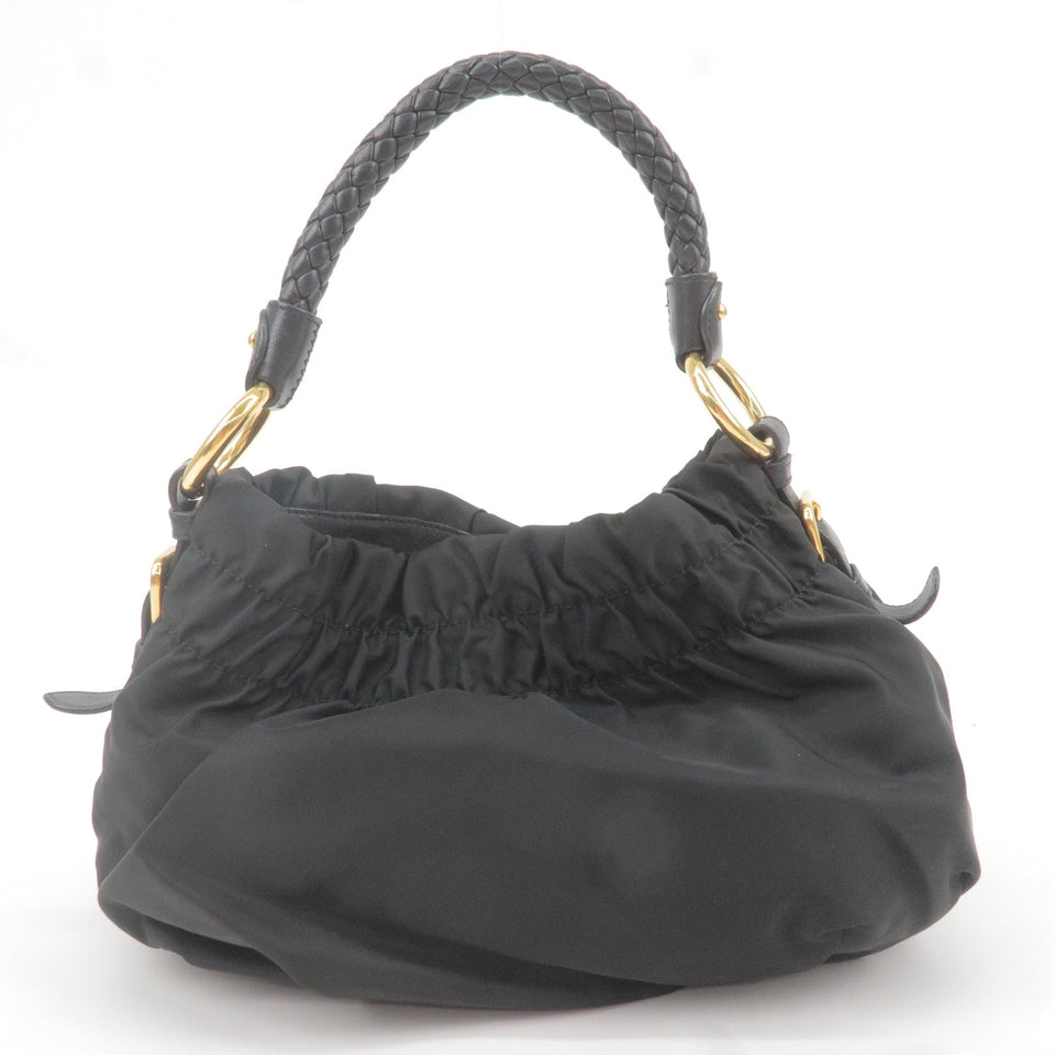 Prada Logo Nylon Leather Shoulder Bag Hand Bag Black BR4237