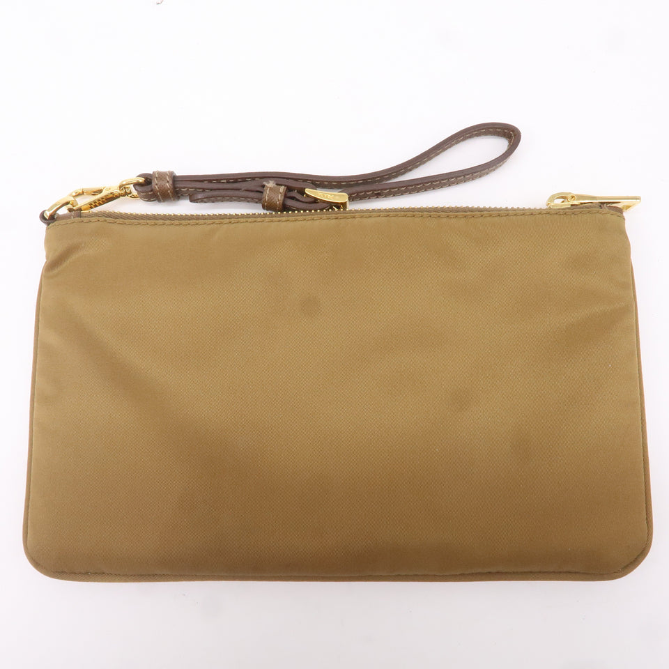 Prada Logo Nylon Leather Clutch Bag Pouch Brown