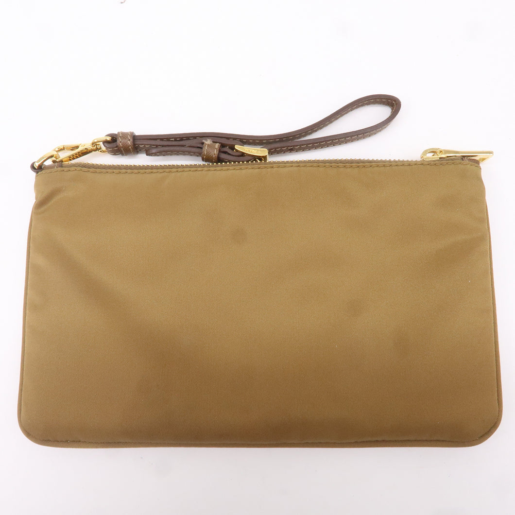 Prada Logo Nylon Leather Clutch Bag Pouch Brown