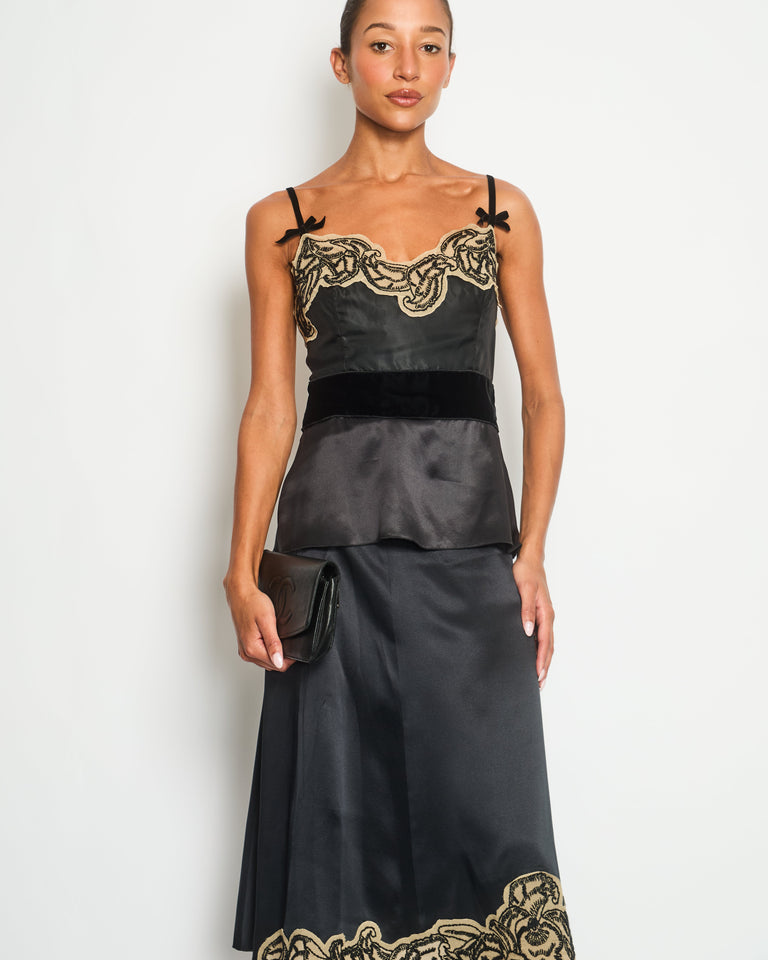 Prada Black Silk Lingerie Top and Midi Skirt Set with Embroidery Details Size IT 42 (UK 10)