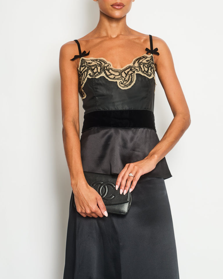Prada Black Silk Lingerie Top and Midi Skirt Set with Embroidery Details Size IT 42 (UK 10)