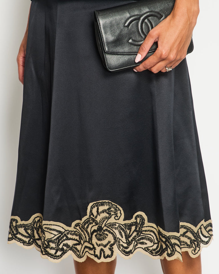Prada Black Silk Lingerie Top and Midi Skirt Set with Embroidery Details Size IT 42 (UK 10)