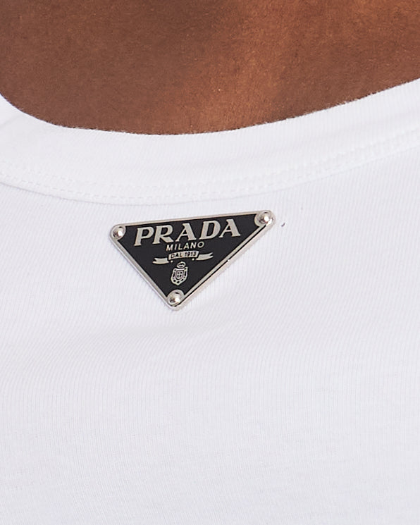 Prada White Cropped Cotton Vest Top With Black Metal Logo Detail Size IT 38 (UK 6)