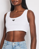 Prada White Cropped Cotton Vest Top With Black Metal Logo Detail Size IT 38 (UK 6)