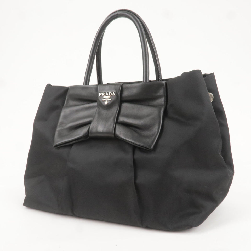 Prada Logo Nylon Leather Ribbon Tote Bag Black NERO BN1601