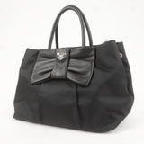 Prada Logo Nylon Leather Ribbon Tote Bag Black NERO BN1601