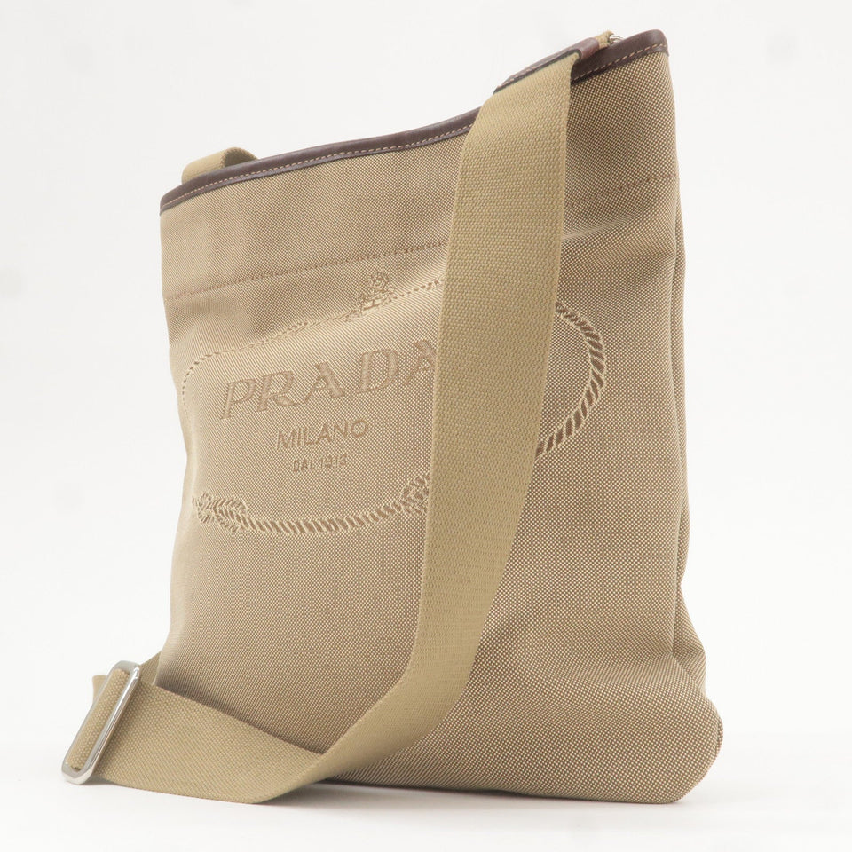 Prada Logo Jacquard Leather Shoulder Bag Beige Brown VA0655