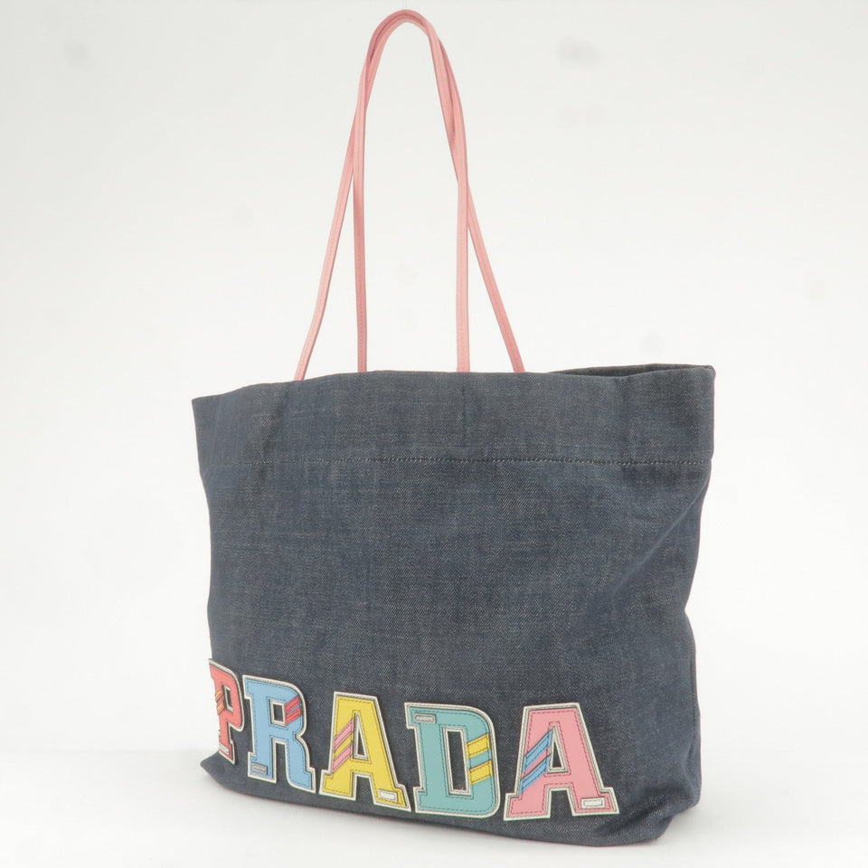Prada Logo Denim Leather Tote Bag Hand Bag With Pouch 1BG106