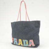 Prada Logo Denim Leather Tote Bag Hand Bag With Pouch 1BG106