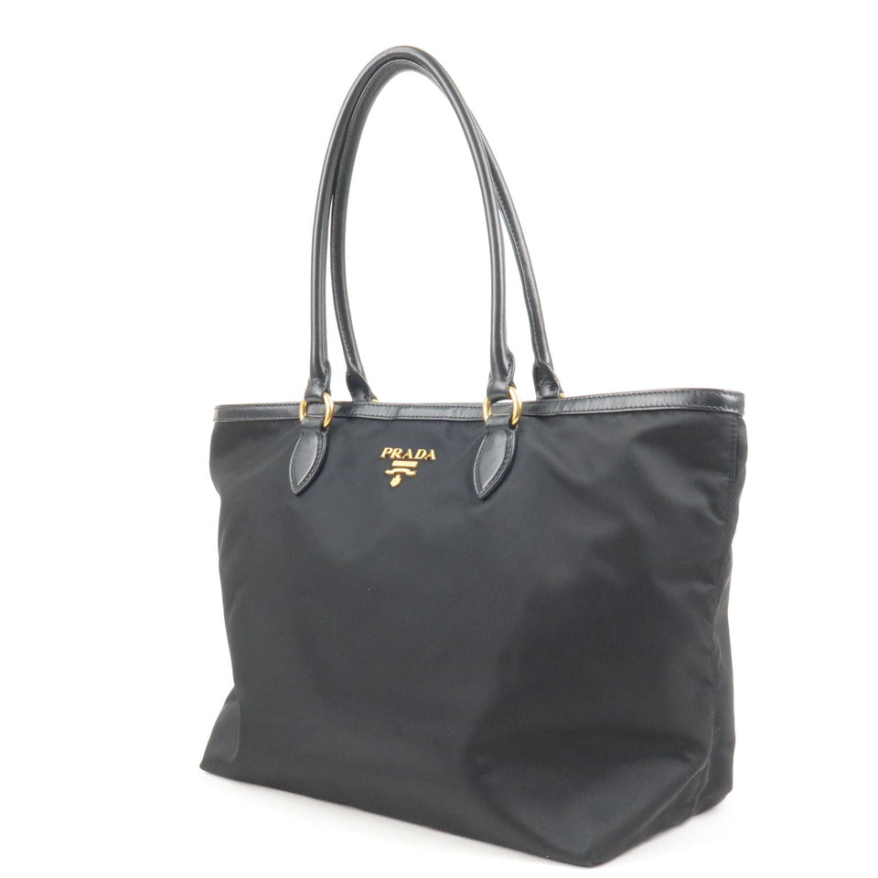 Prada Logo Nylon Leather Tote Bag Black Noir