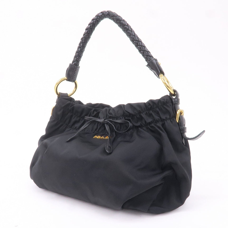 Prada Nylon Leather Gather Hand Bag Shoulder Bag Black