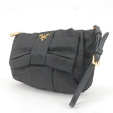 Prada Logo Nylon Leather Pouch Clutch Bag Wristlet Black 1N1422