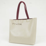 Prada Leather Canvas Tote Bag Hand Bag Greige Red Wine B10189