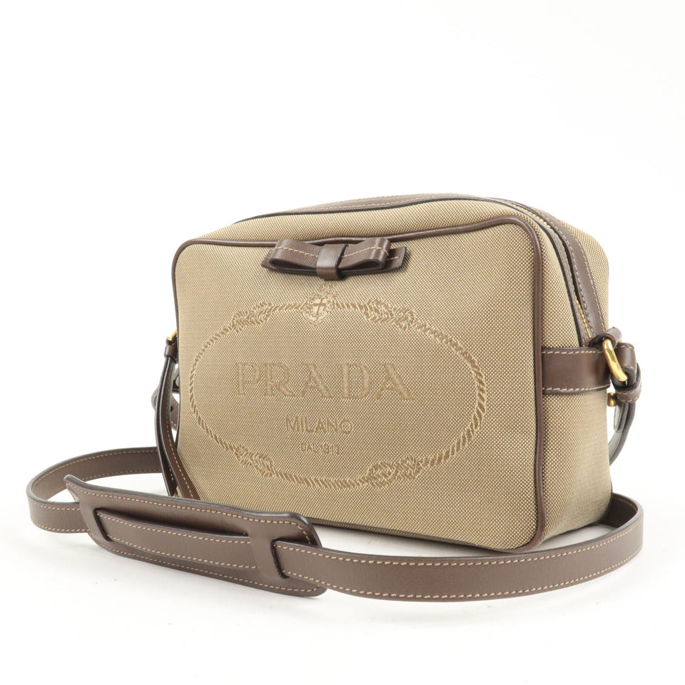 Prada Logo Jacquard Leather Shoulder Bag Beige Brown 1BH089