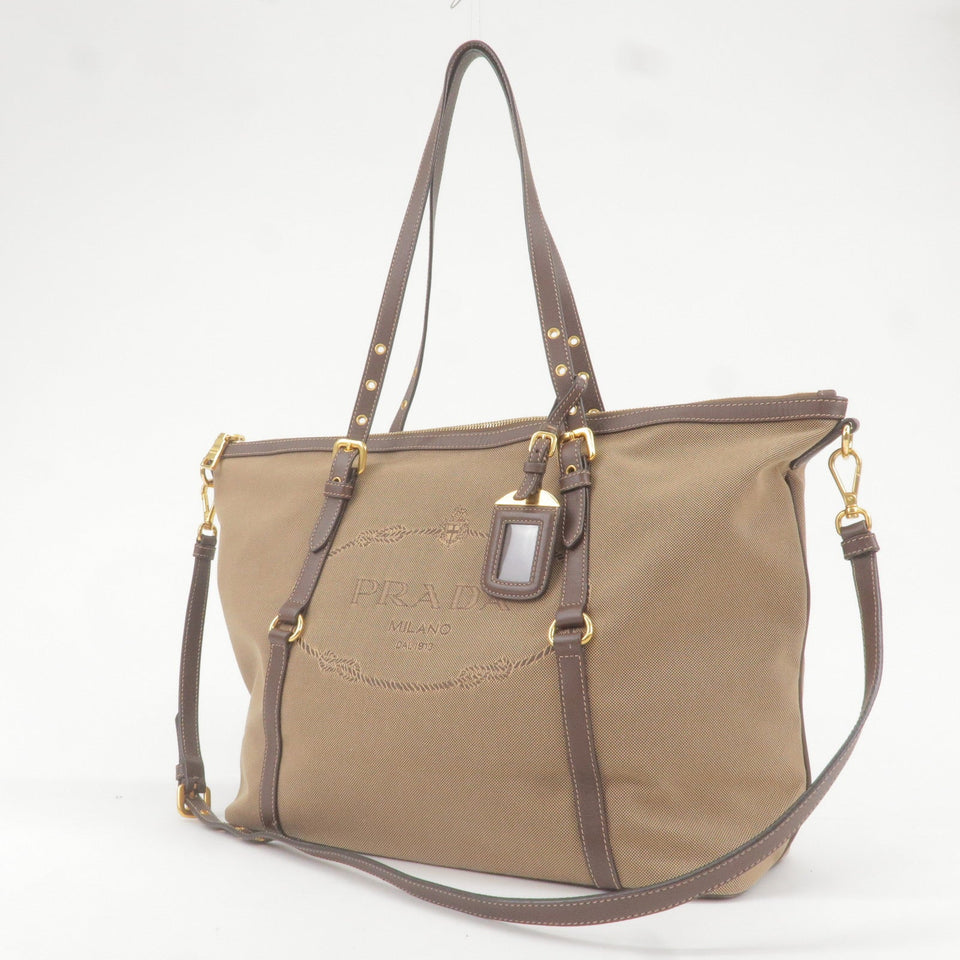 Prada Logo Jacquard Leather 2Way Tote Bag Beige Brown BR4253