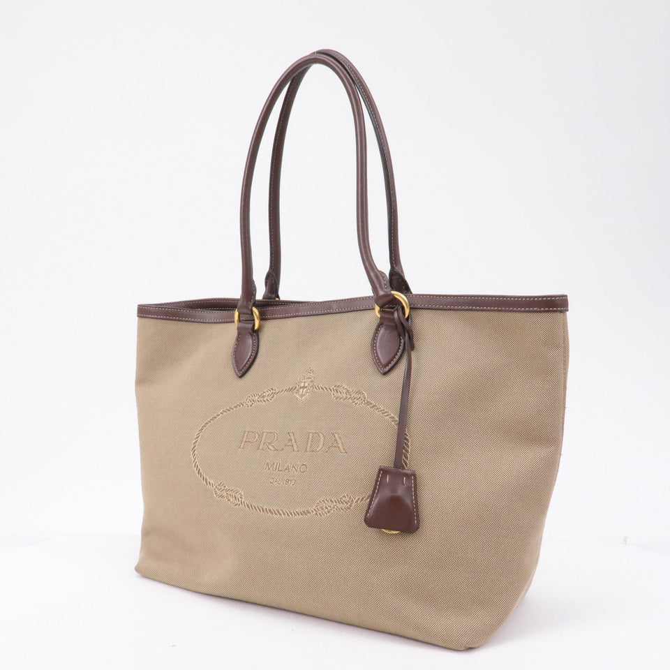 Prada Logo Jacquard Leather Tote Bag Beige Brown 1BG158