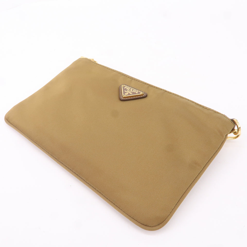 Prada Logo Nylon Leather Clutch Bag Pouch Brown